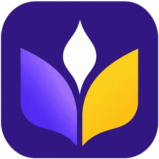 The GracePad app icon: a white flame between a purple and a gold leaf on an indigo square.