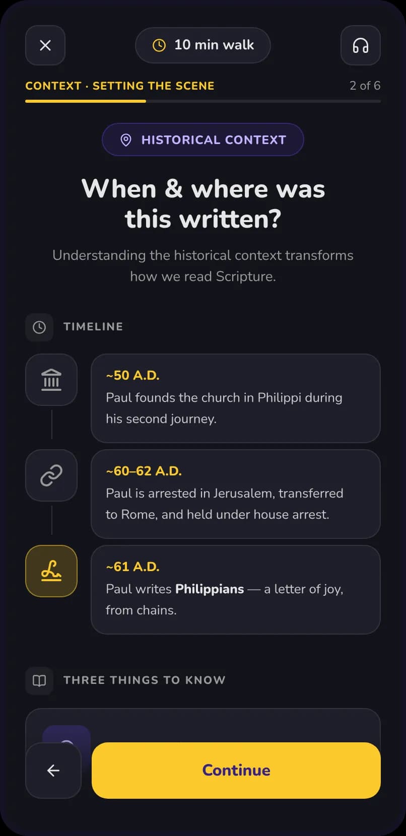 A devotion's Context step on a phone: when and where was this written, with a timeline from Paul founding the church in Philippi to writing Philippians
