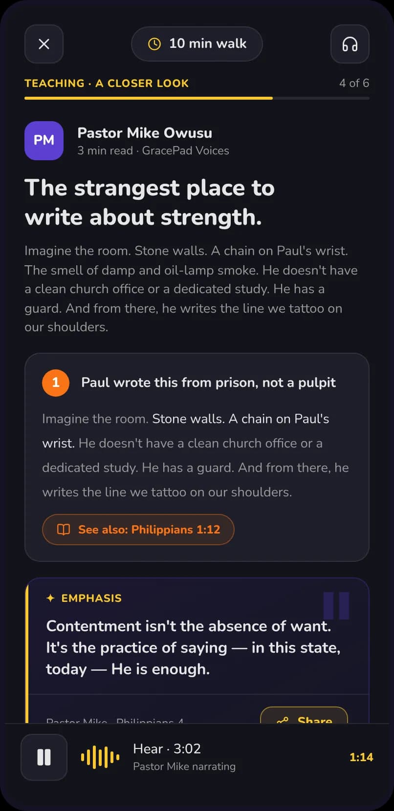 A devotion's Teaching step on a phone: Pastor Mike Owusu's The strangest place to write about strength, with a point, an emphasis quote and audio narration