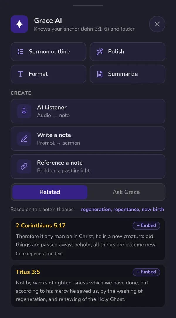 The Grace AI panel with sermon outline, polish and related Scripture