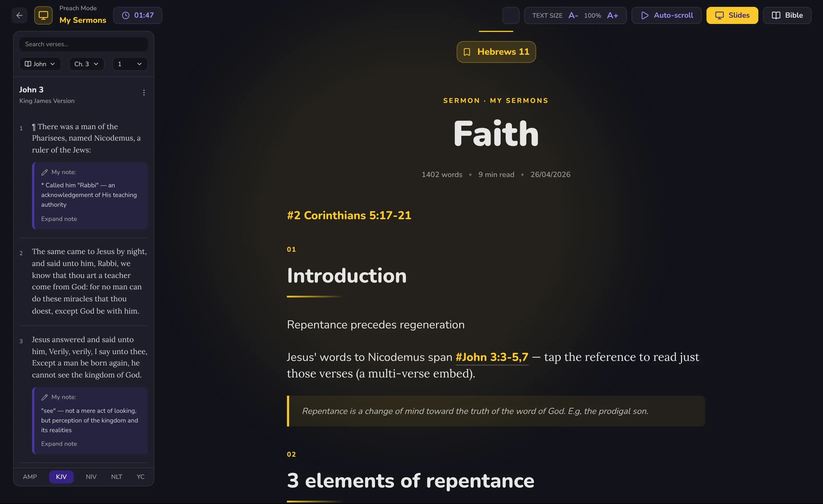 A sermon note in Preach Mode with large text and a verse panel