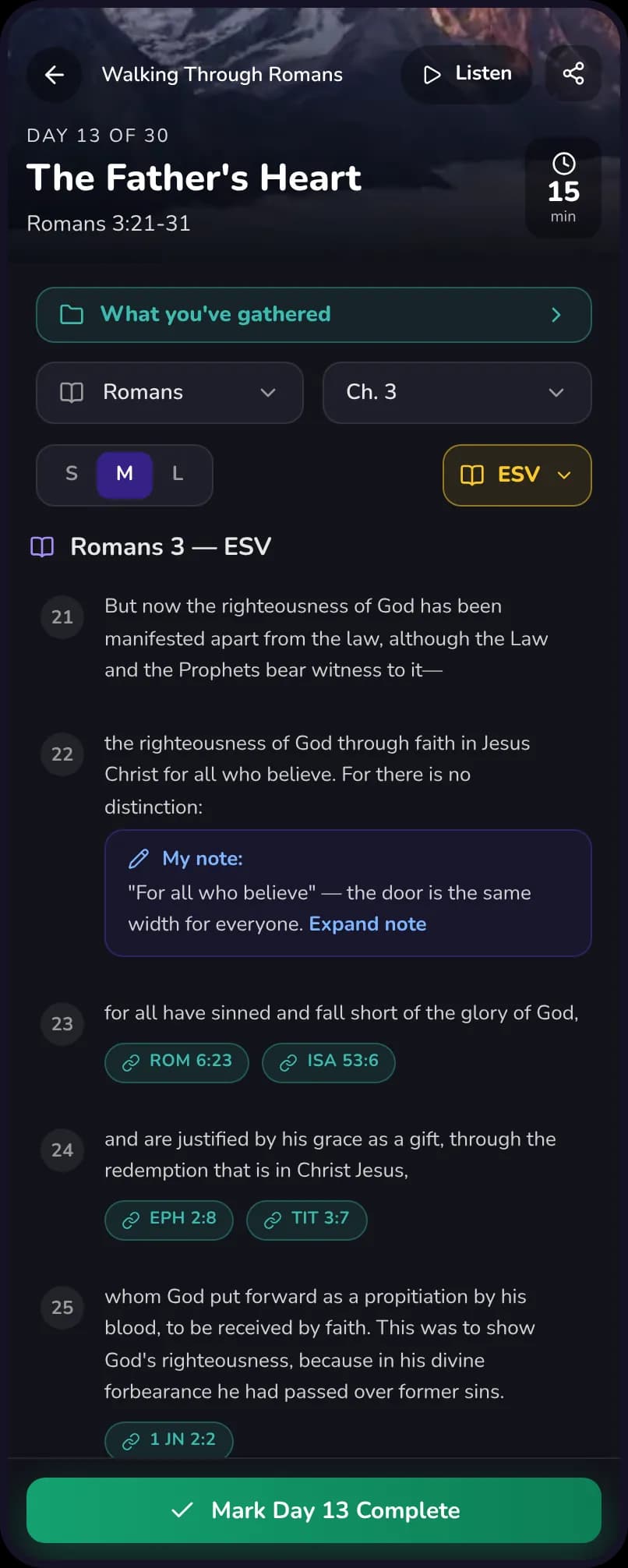 The same plan day on a phone, with Romans 3 in the ESV, a note and cross-references, and a Mark Day 13 Complete button