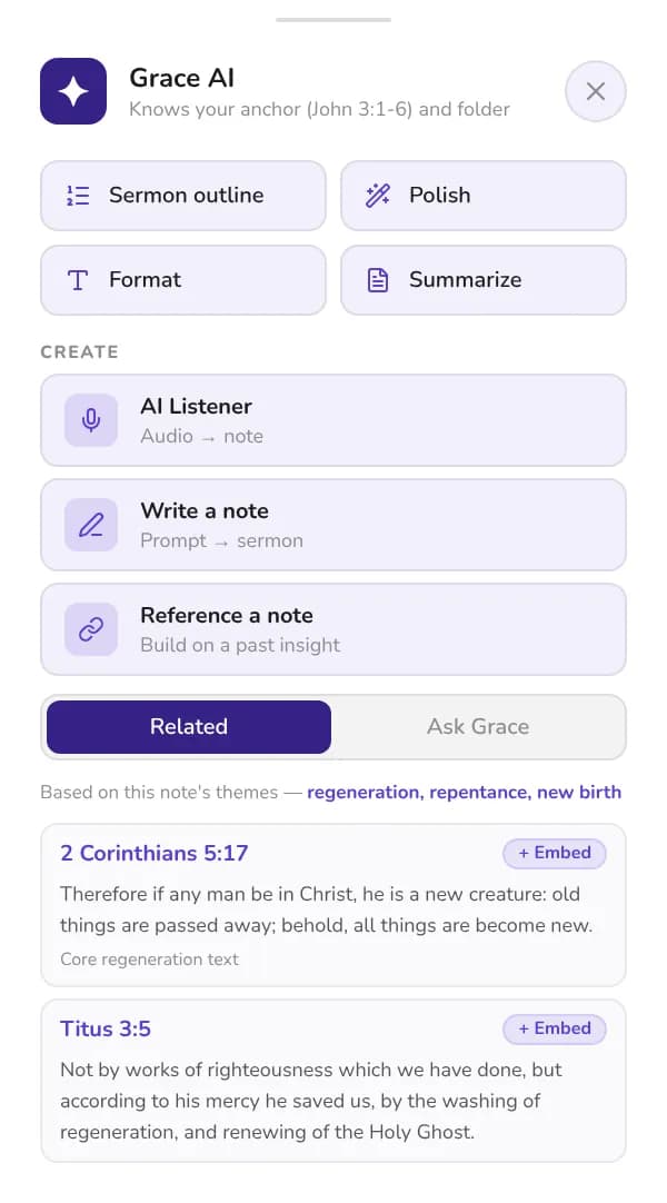 The Grace AI panel with sermon outline, polish and related Scripture