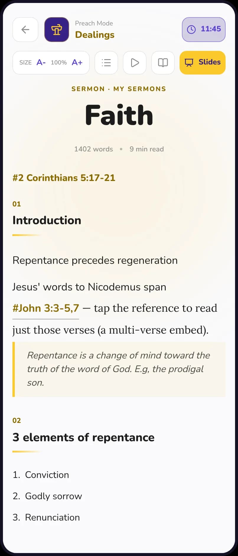 The same sermon in Preach Mode on a phone, with large text